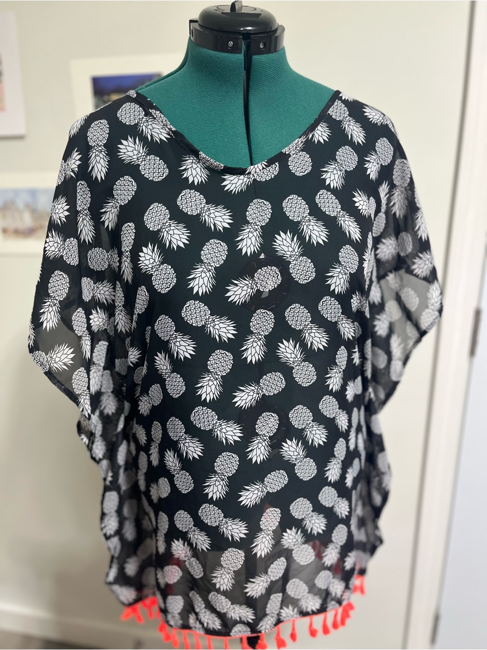 No Boundaries Black Sheer Pineapple Print Swim Coverup with Pink Tassels